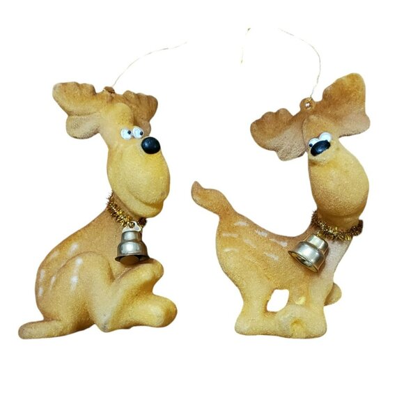 2 Vintage Flocked Moose Christmas Ornaments Reindeer Google Eyes Gold Bell 4.5" - Picture 16 of 16